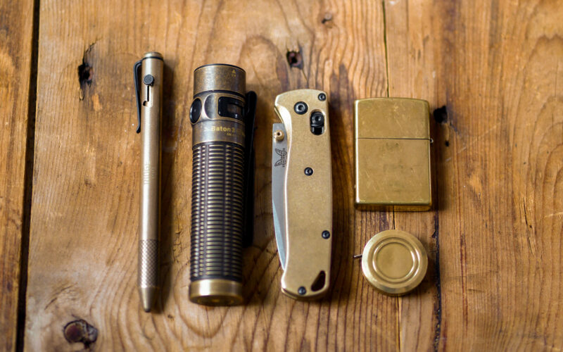 EDC flatlay of brass gear